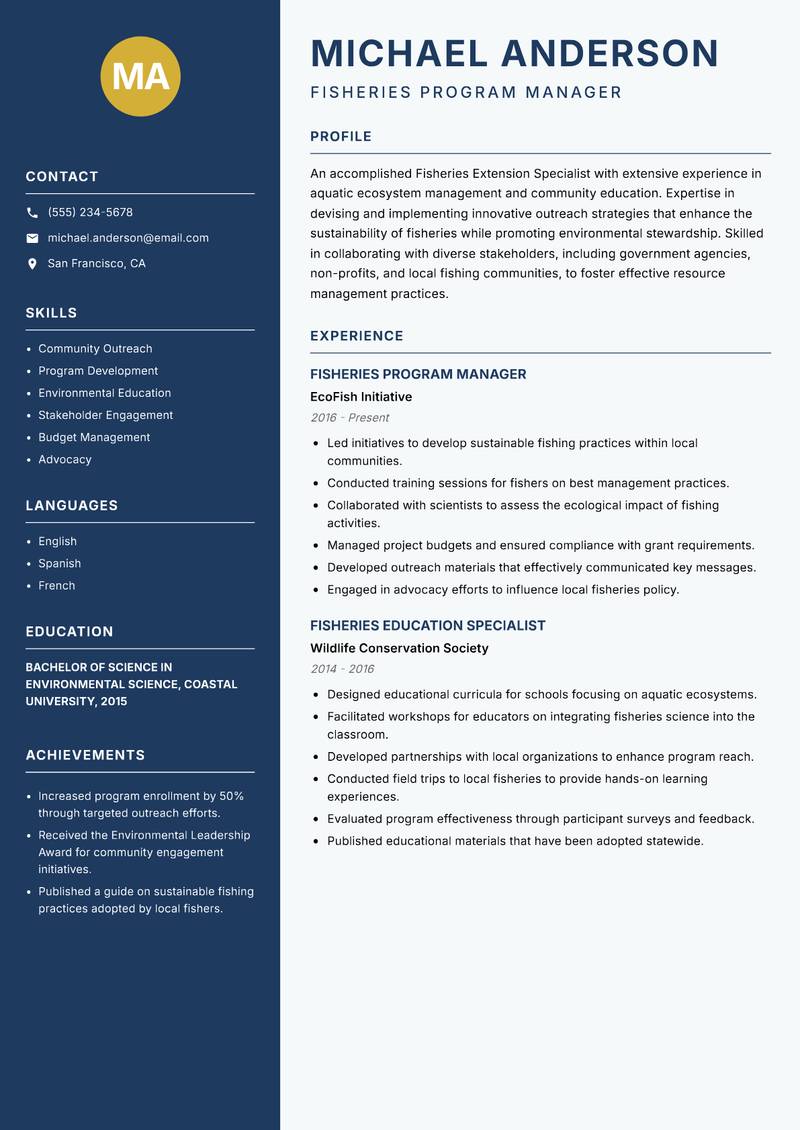 Fisheries Extension Specialist resume sample — Fisheries Program Manager focus