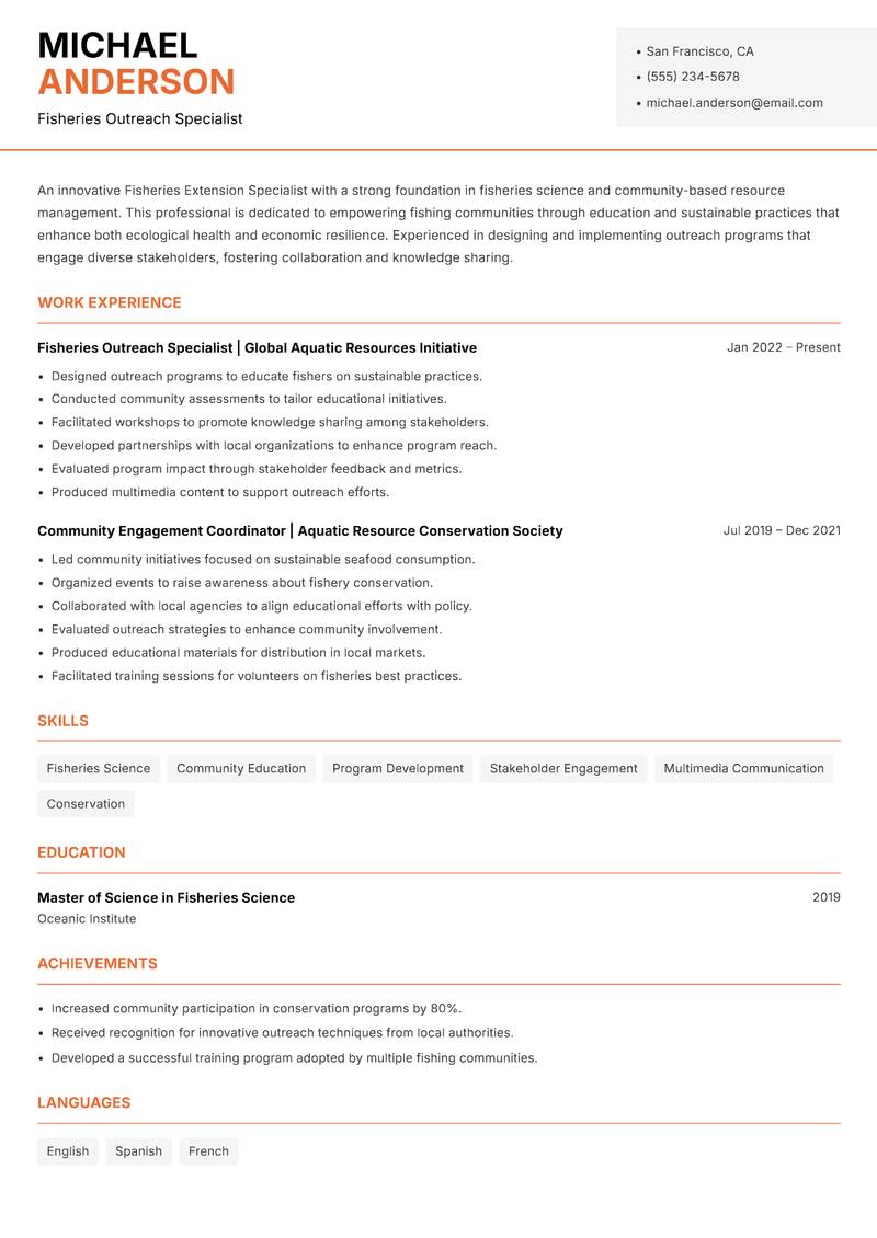 Fisheries Extension Specialist resume sample — Fisheries Outreach Specialist focus