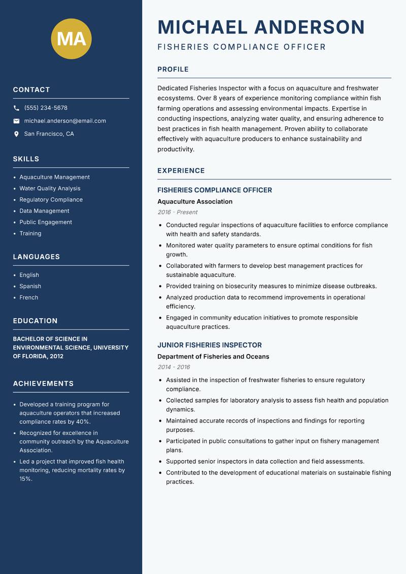 Fisheries Inspector resume sample — Fisheries Compliance Officer focus
