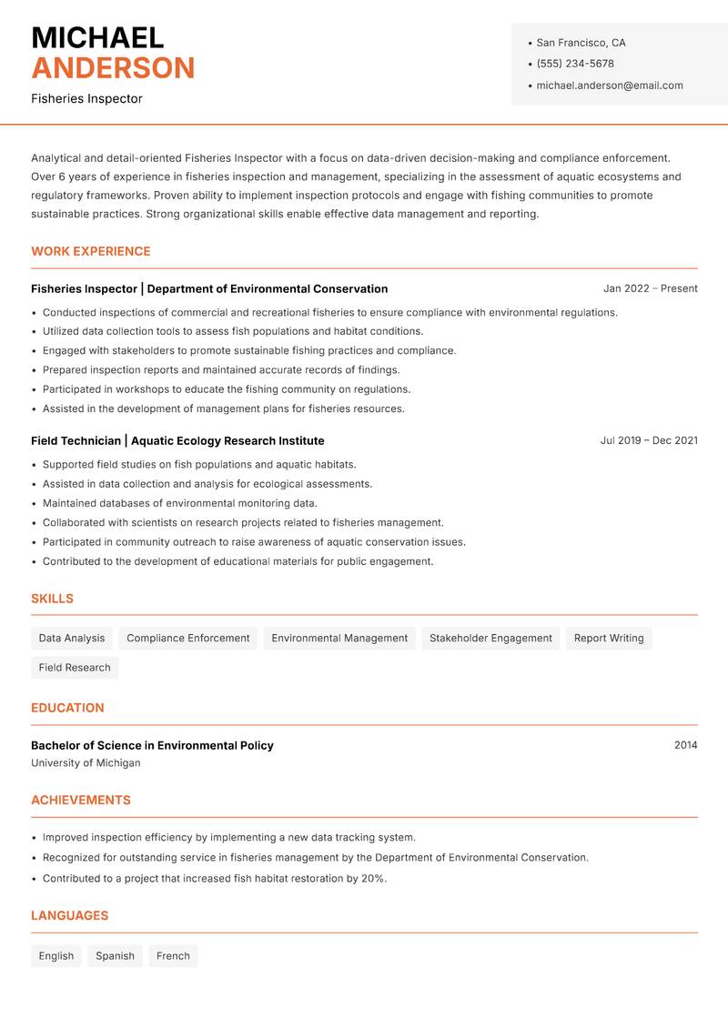Fisheries Inspector resume sample — Fisheries Inspector focus