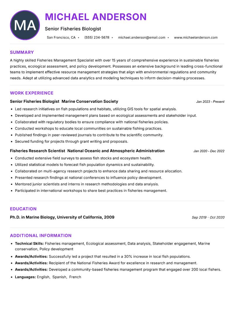 Fisheries Management Specialist resume example