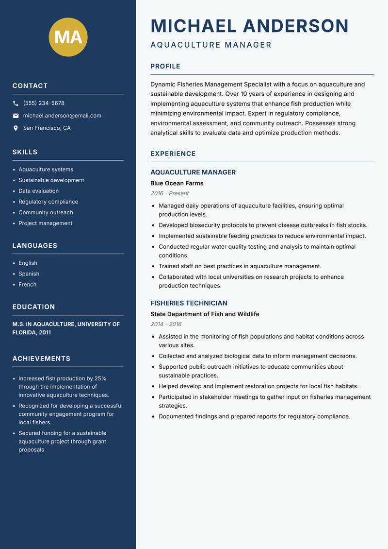 Fisheries Management Specialist resume sample — Aquaculture Manager focus