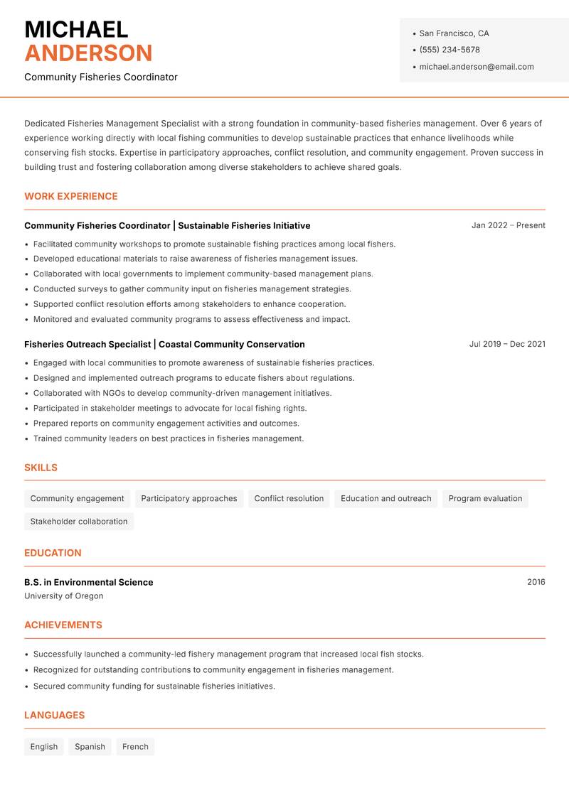 Fisheries Management Specialist resume sample — Community Fisheries Coordinator focus