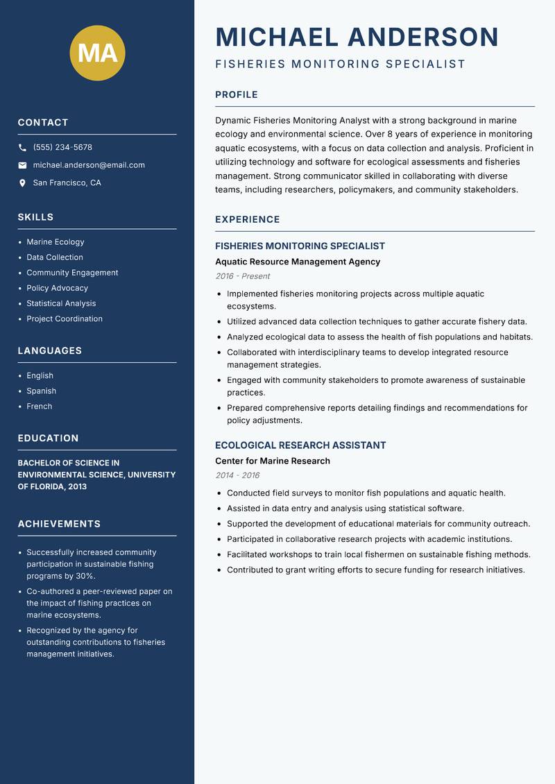 Fisheries Monitoring Analyst resume sample — Fisheries Monitoring Specialist focus