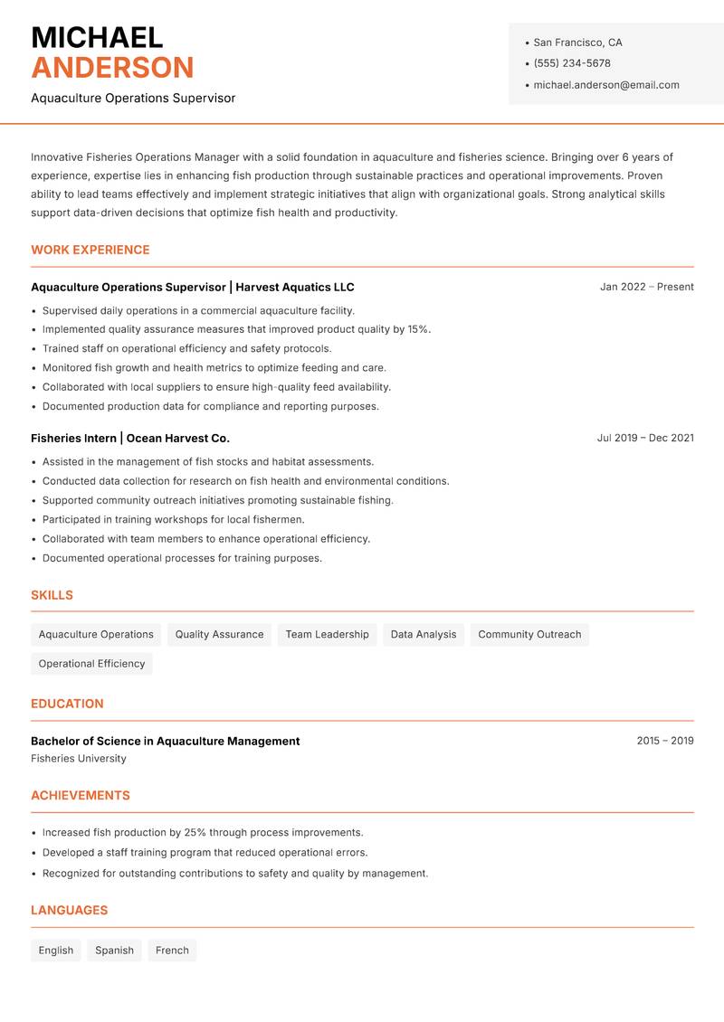 Fisheries Operations Manager resume sample — Aquaculture Operations Supervisor focus