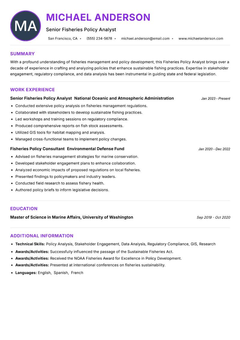Fisheries Policy Analyst resume example