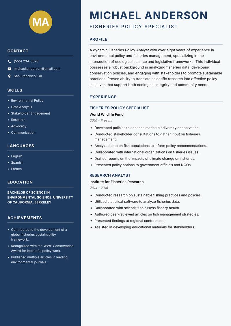 Fisheries Policy Analyst resume sample — Fisheries Policy Specialist focus