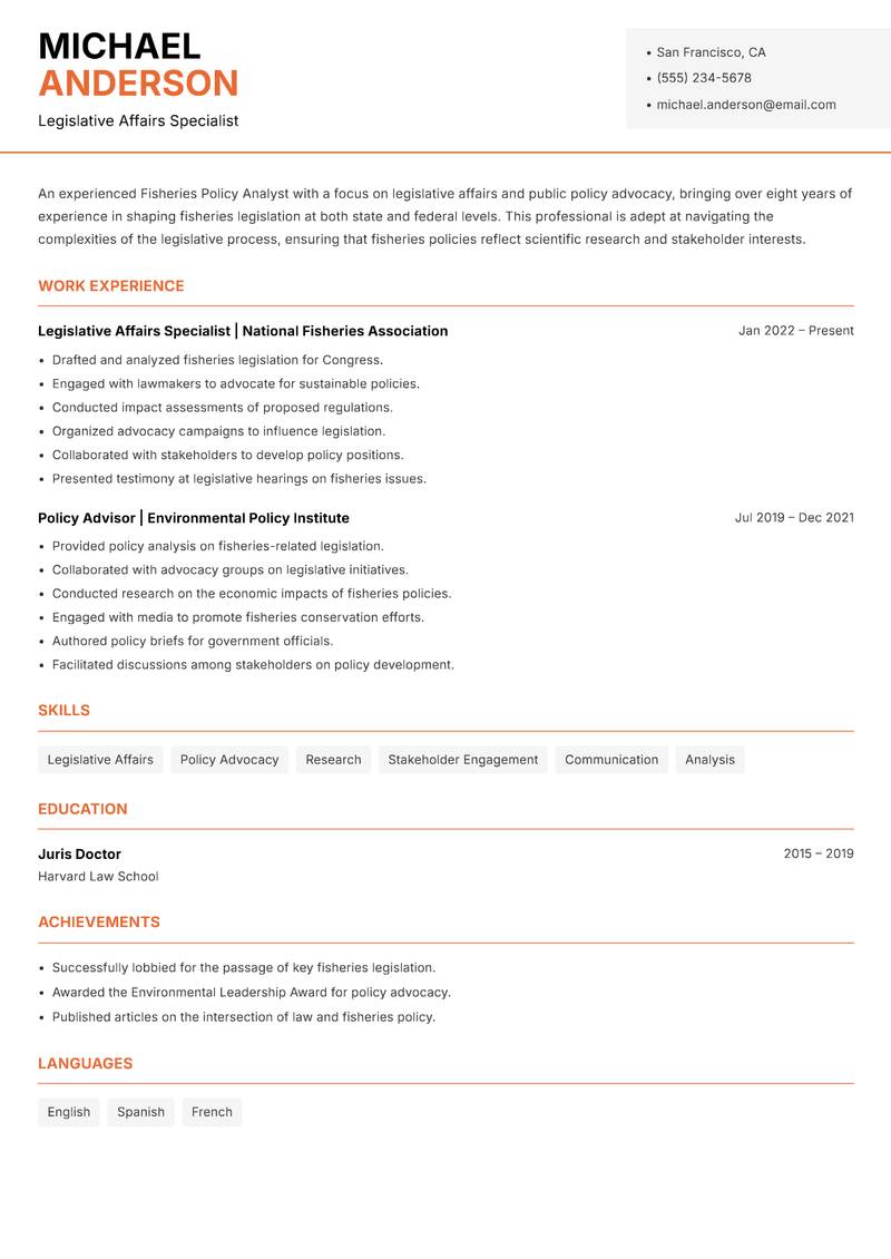 Fisheries Policy Analyst resume sample — Legislative Affairs Specialist focus