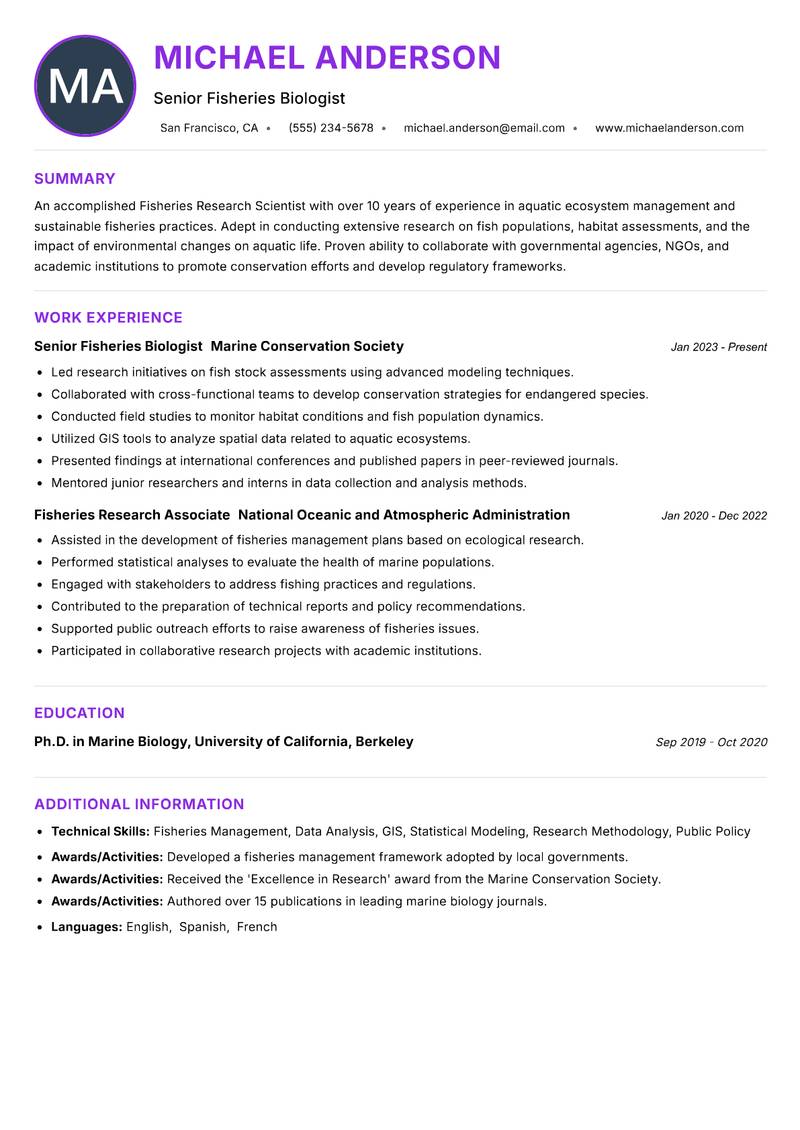 Fisheries Research Scientist resume example