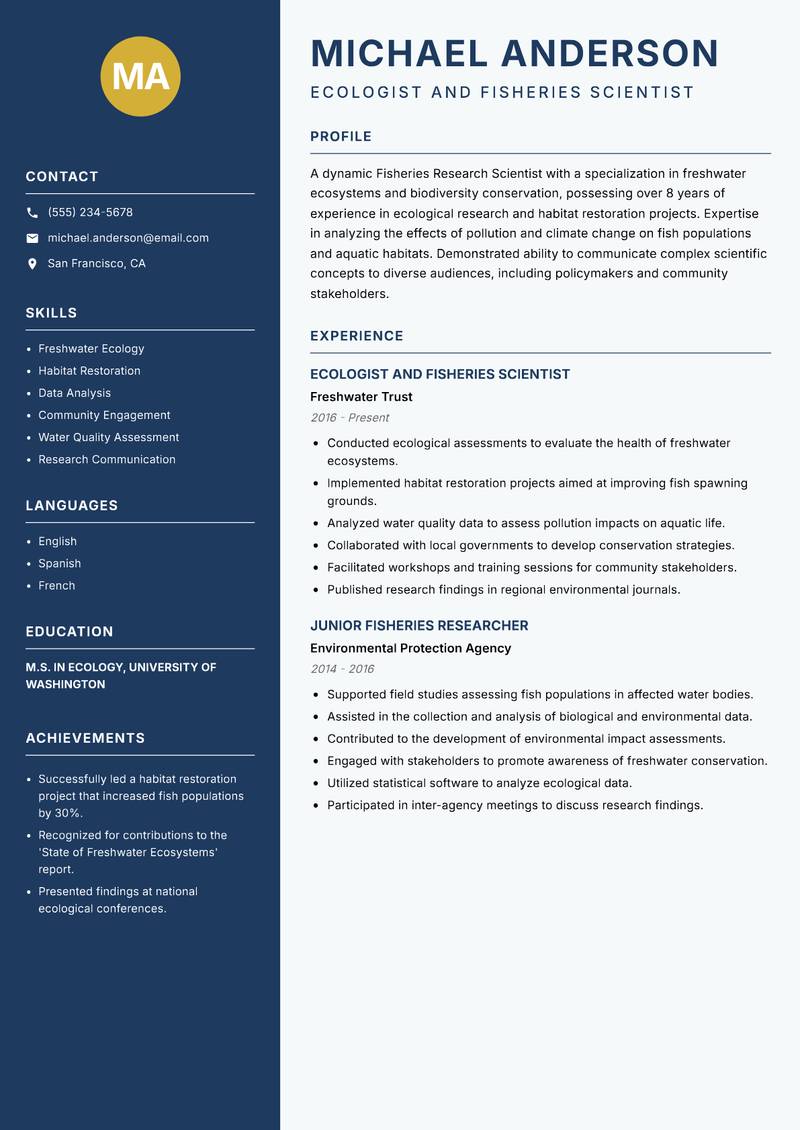 Fisheries Research Scientist resume sample — Ecologist and Fisheries Scientist focus