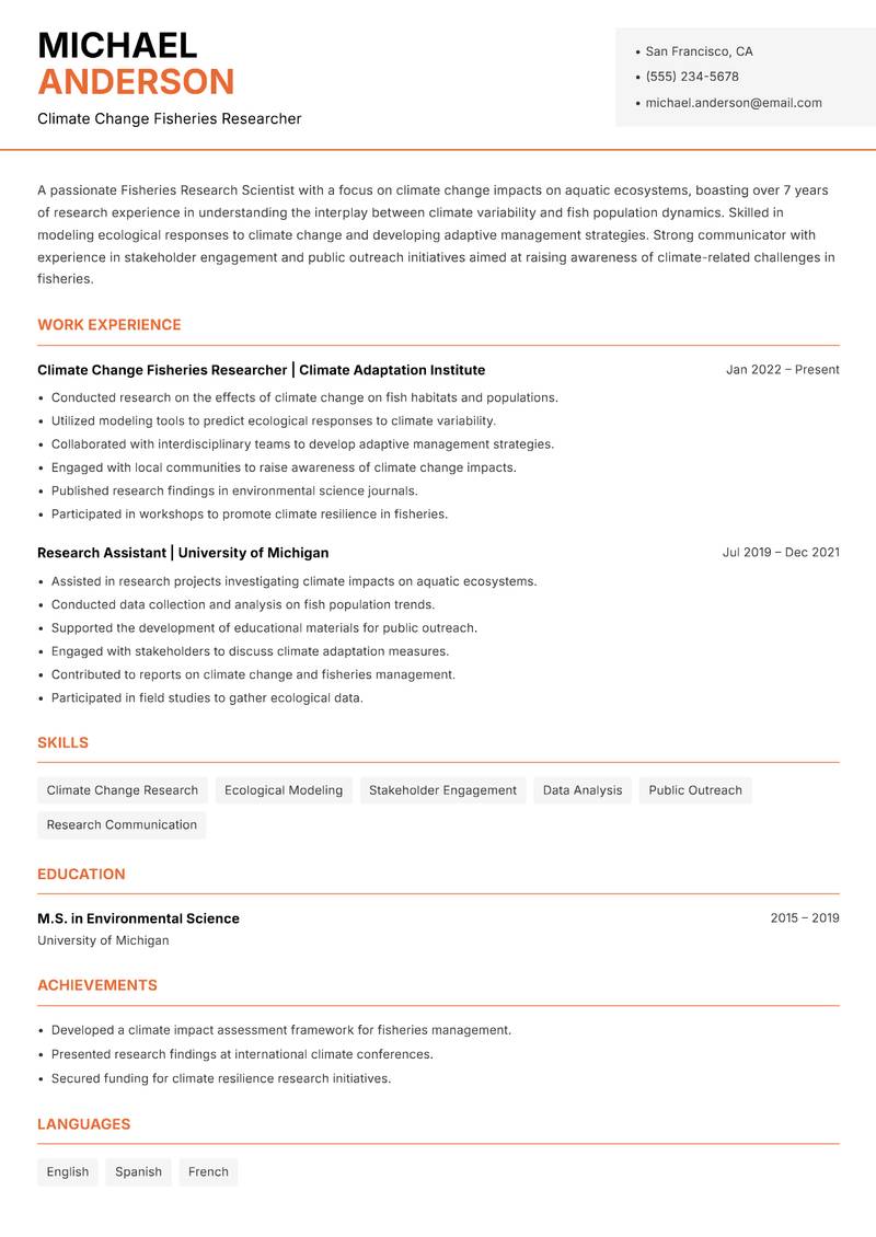 Fisheries Research Scientist resume sample — Climate Change Fisheries Researcher focus