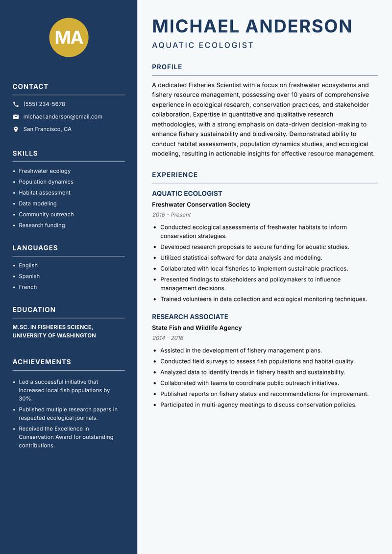 Fisheries Scientist resume sample — Aquatic Ecologist focus