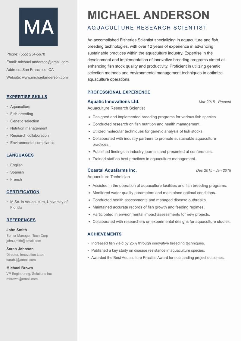 Fisheries Scientist resume sample — Aquaculture Research Scientist focus