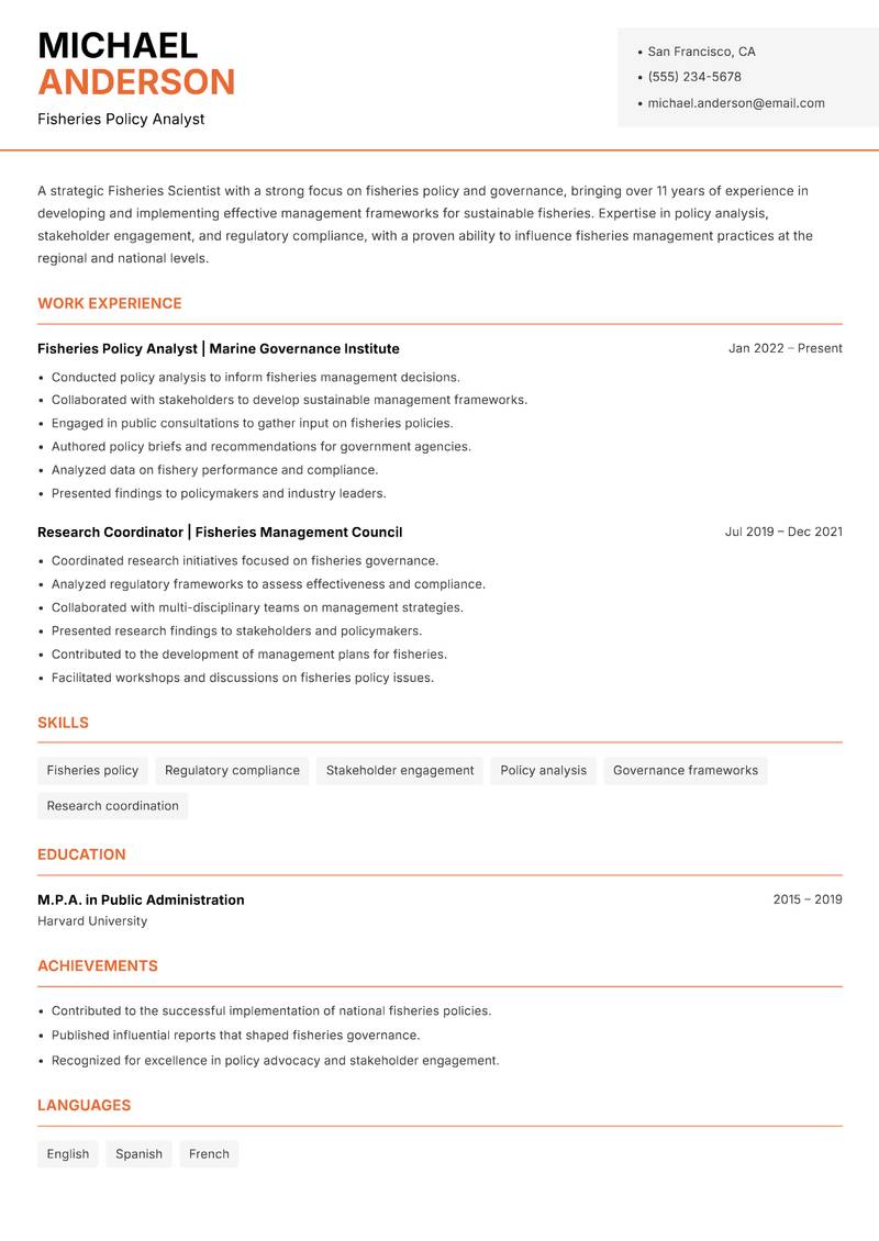 Fisheries Scientist resume sample — Fisheries Policy Analyst focus