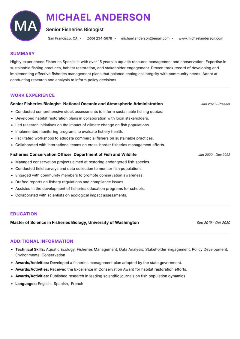 Fisheries Specialist resume example