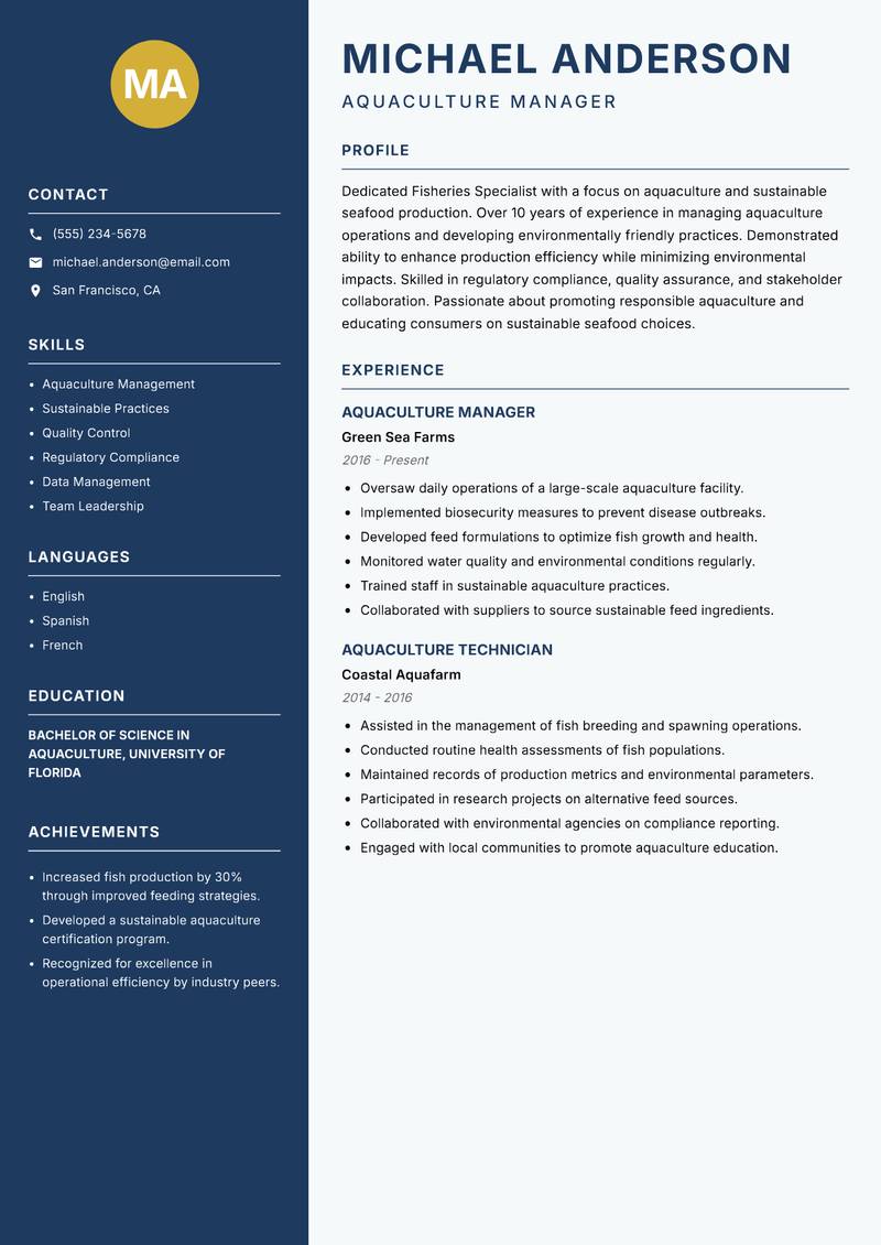 Fisheries Specialist resume sample — Aquaculture Manager focus