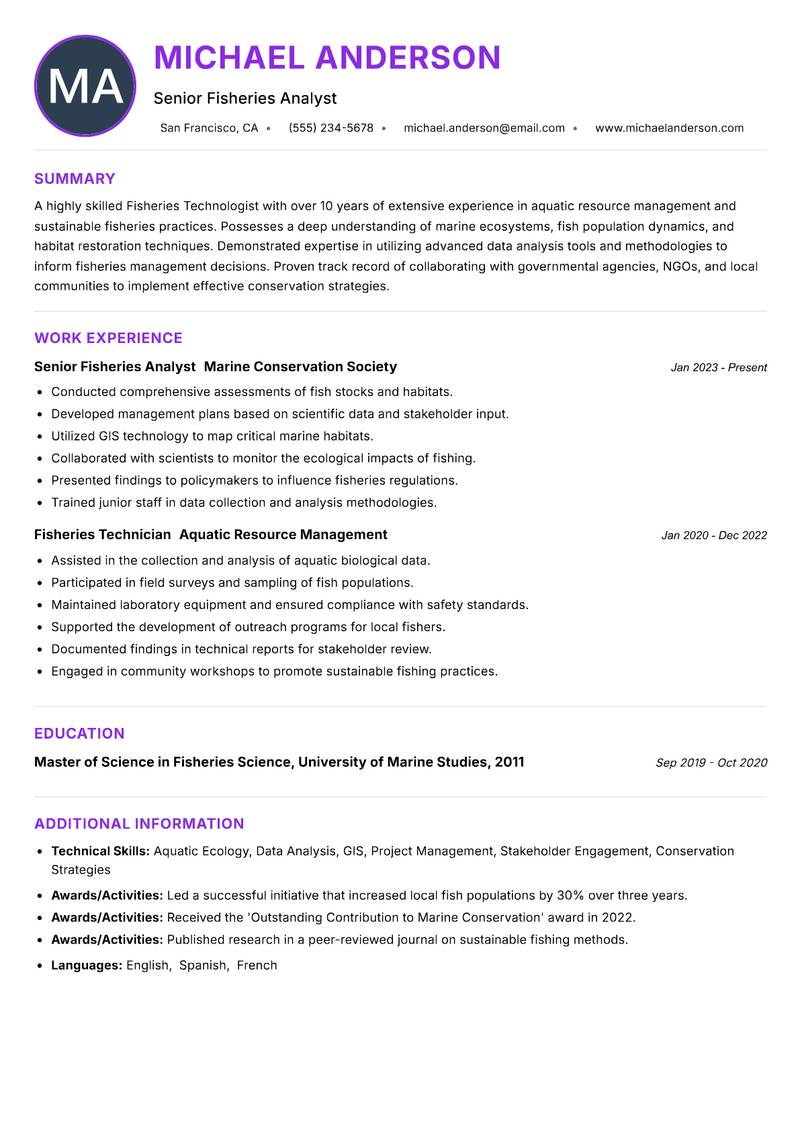 Fisheries Technologist resume example