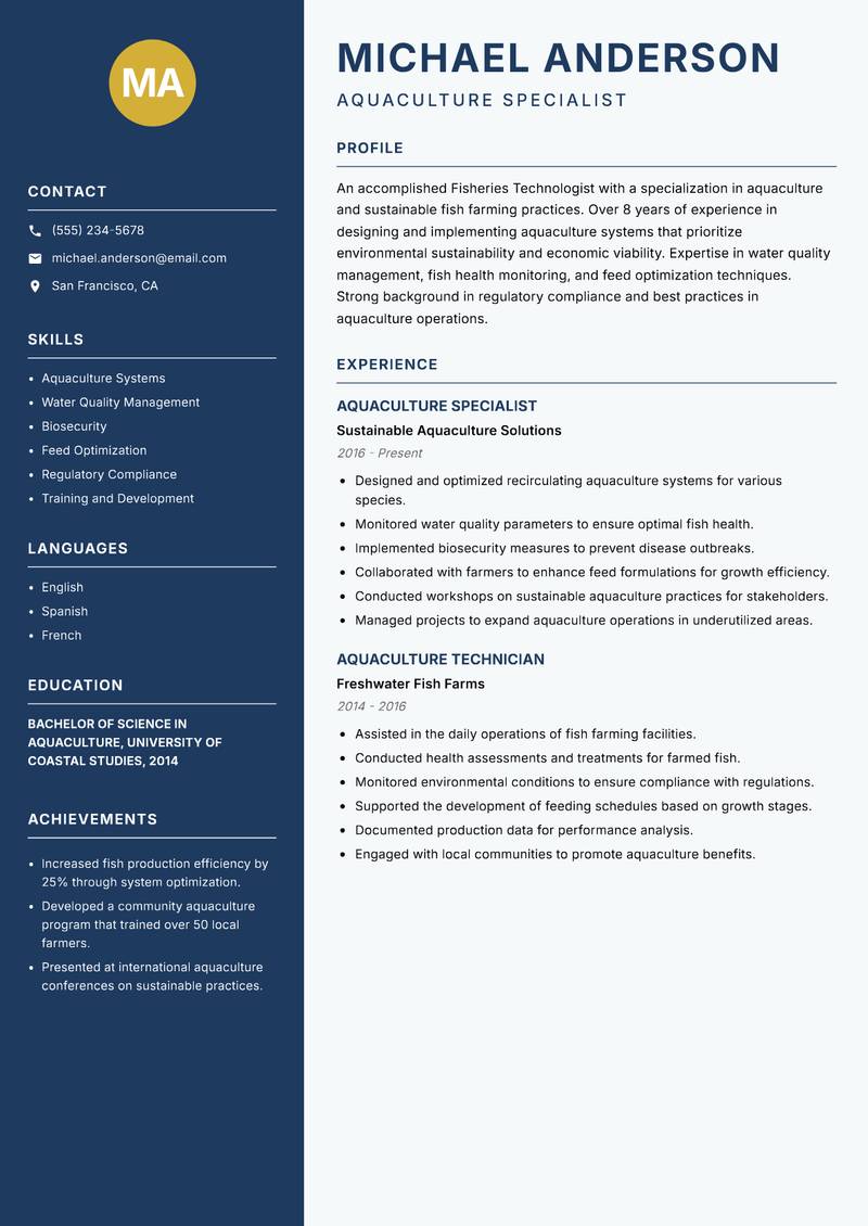 Fisheries Technologist resume sample — Aquaculture Specialist focus