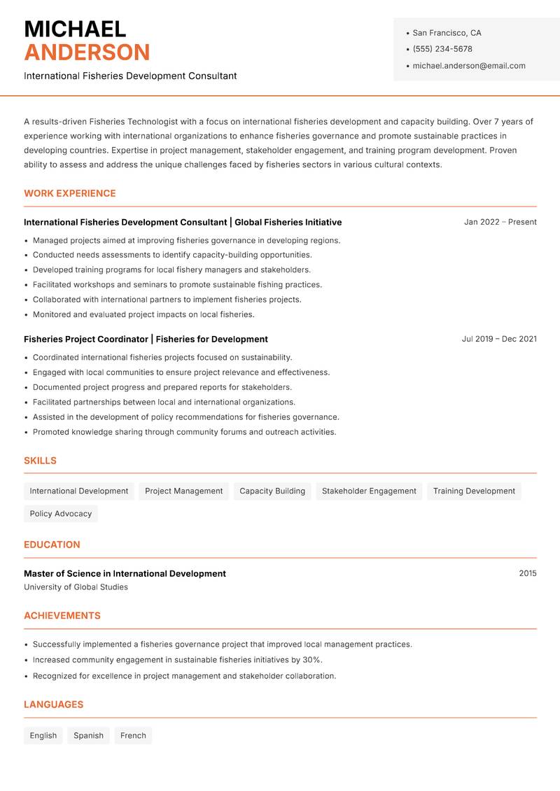 Fisheries Technologist resume sample — International Fisheries Development Consultant focus