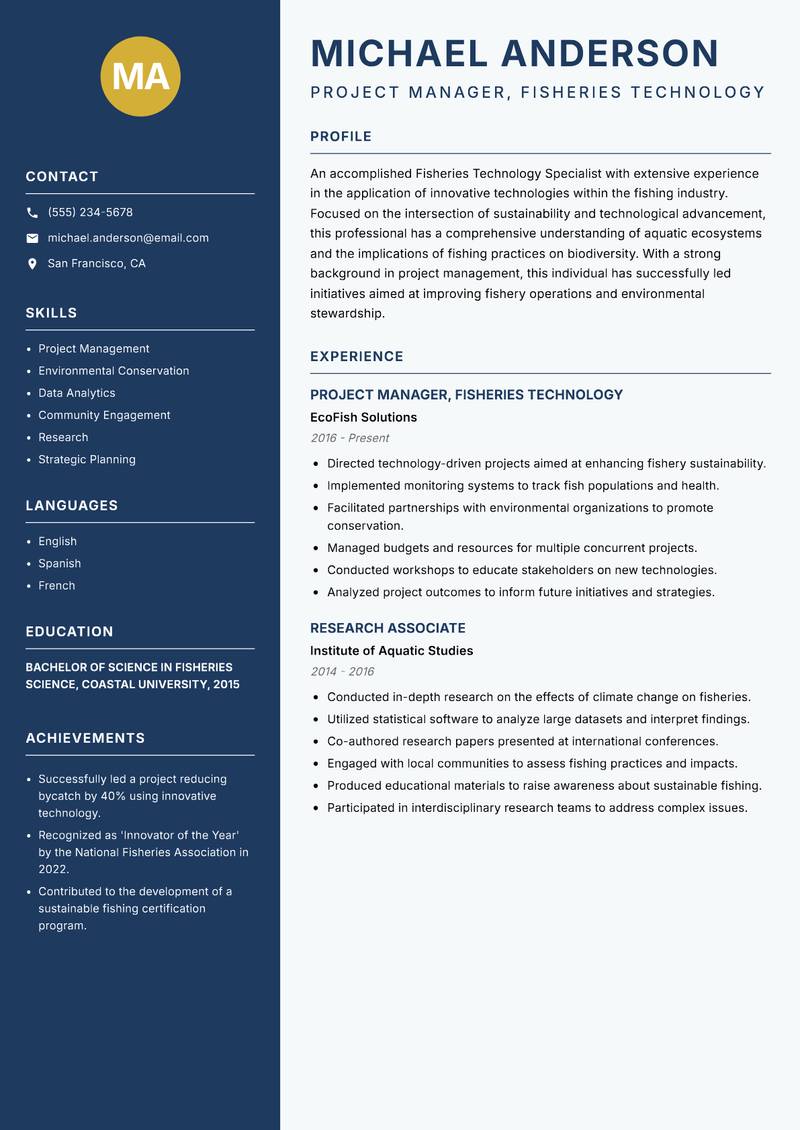 Fisheries Technology Specialist resume sample — Project Manager, Fisheries Technology focus