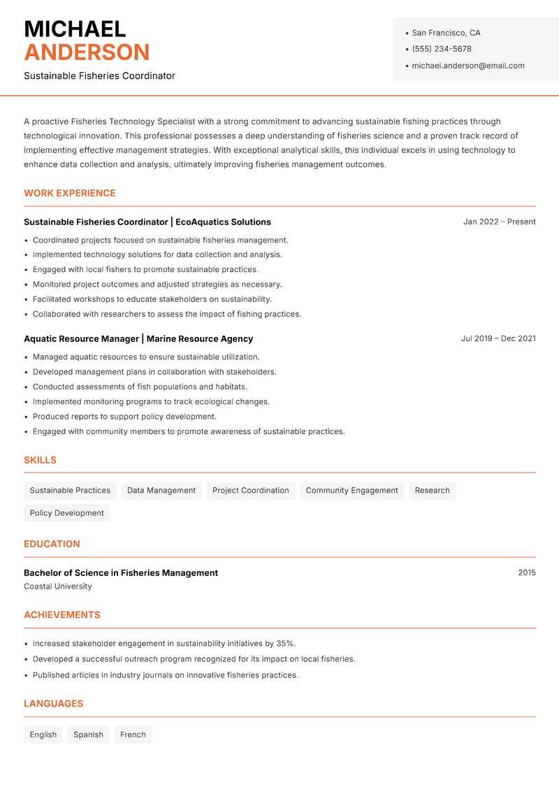 Fisheries Technology Specialist resume sample — Sustainable Fisheries Coordinator focus