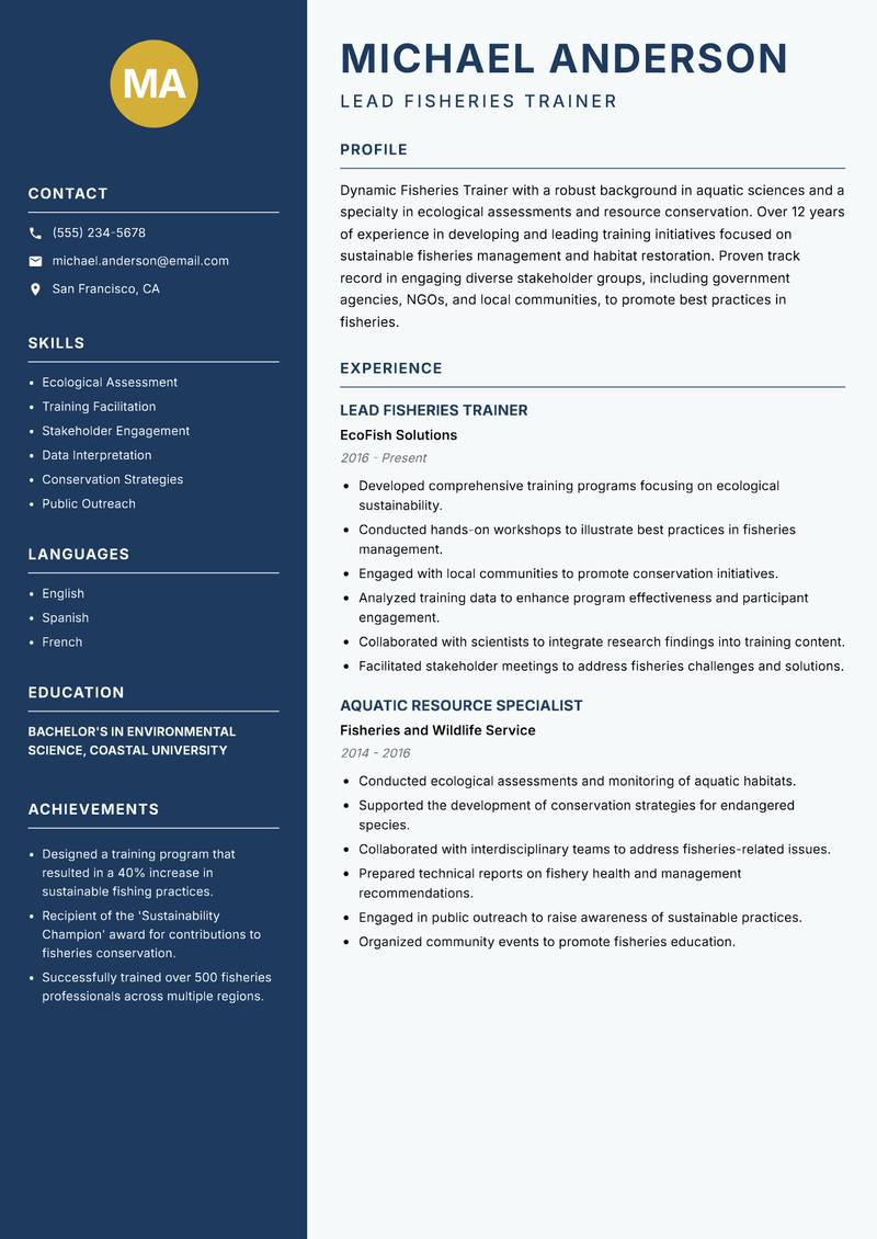 Fisheries Trainer resume sample — Lead Fisheries Trainer focus