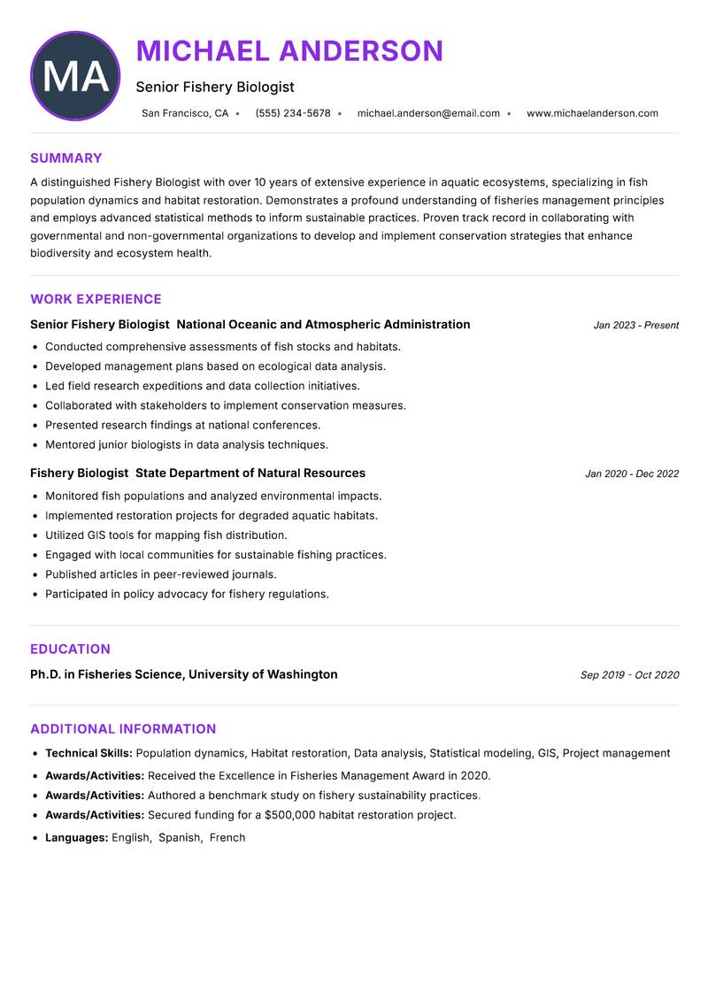 Fishery Biologist resume example