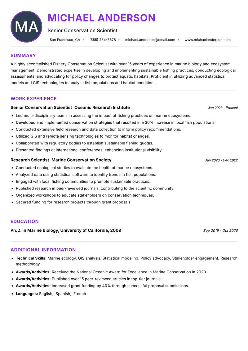 Fishery Conservation Scientist resume example