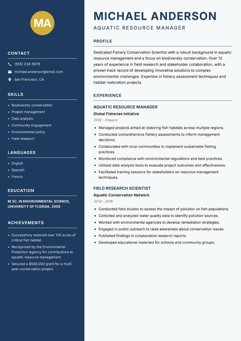 Fishery Conservation Scientist resume sample — Aquatic Resource Manager focus