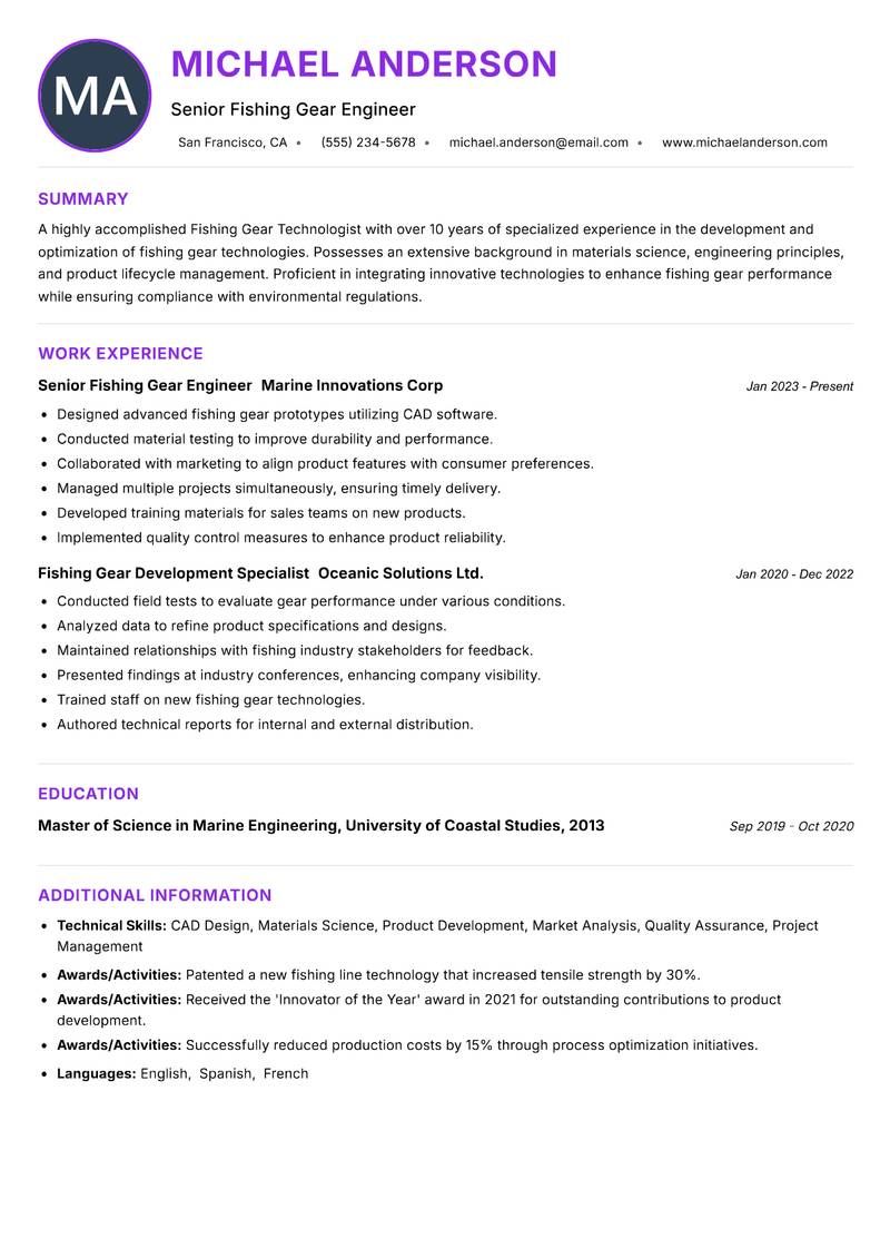Fishing Gear Technologist resume example