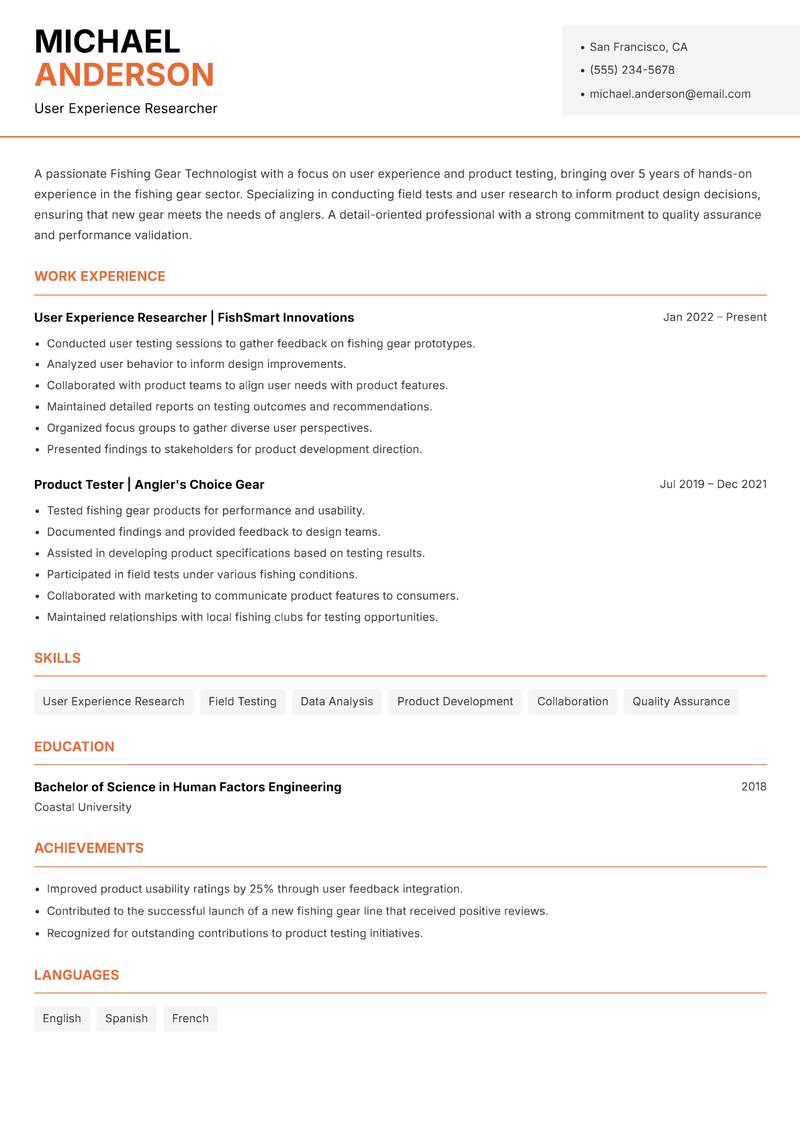 Fishing Gear Technologist resume sample — User Experience Researcher focus