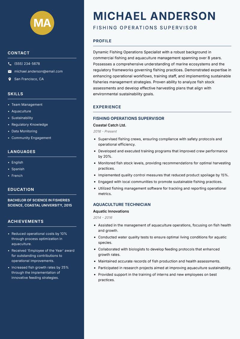 Fishing Operations Specialist resume sample — Fishing Operations Supervisor focus