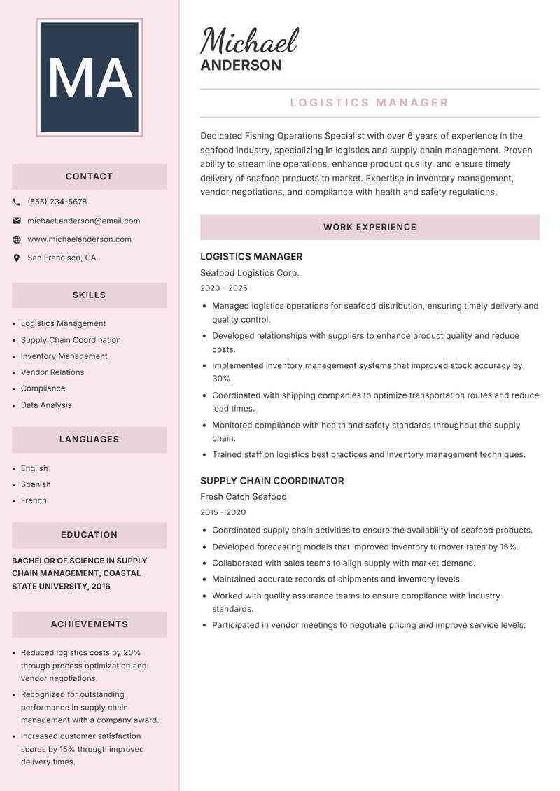 Fishing Operations Specialist resume sample — Logistics Manager focus