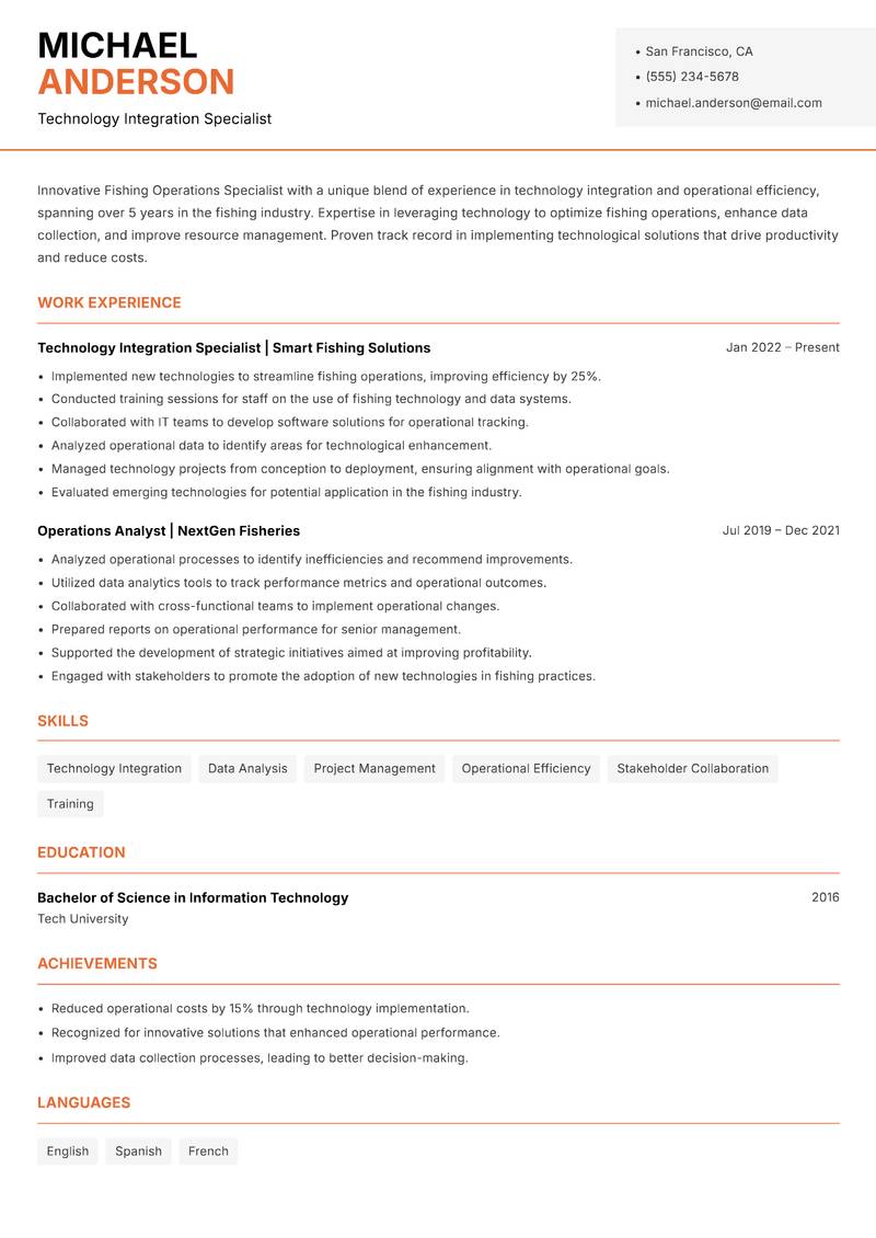 Fishing Operations Specialist resume sample — Technology Integration Specialist focus