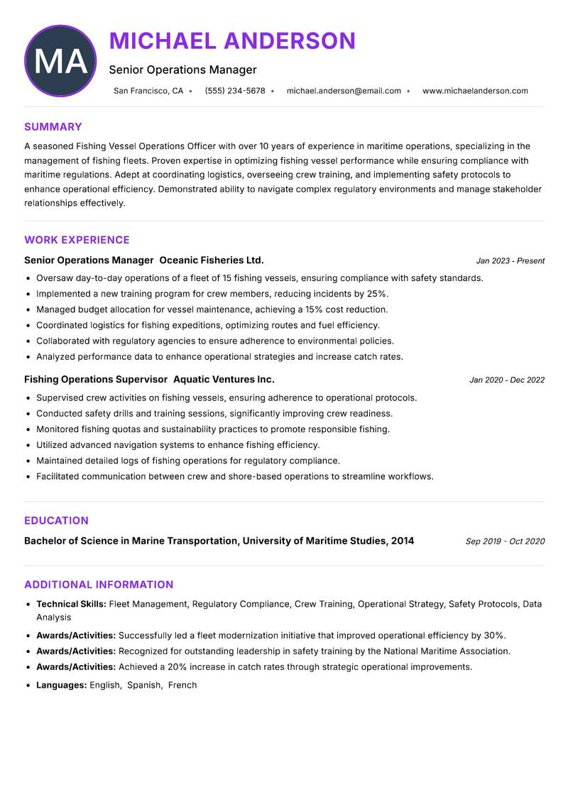 Fishing Vessel Operations Officer resume example