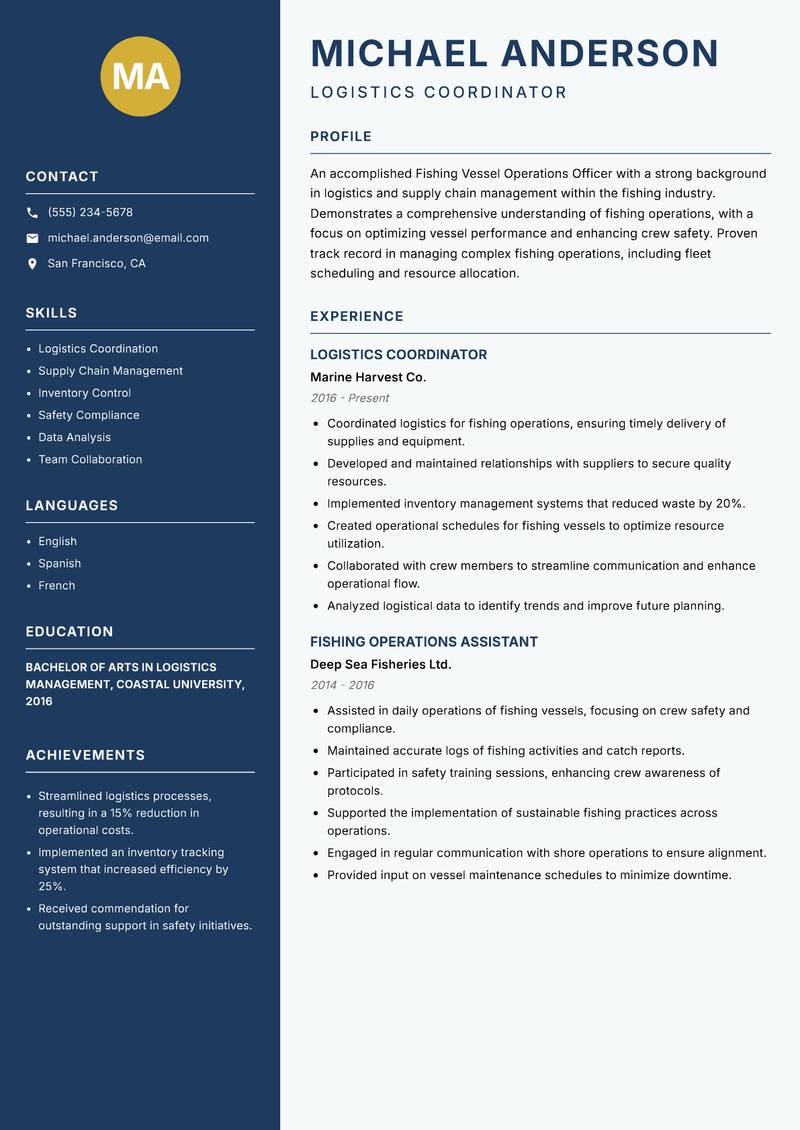 Fishing Vessel Operations Officer resume sample — Logistics Coordinator focus