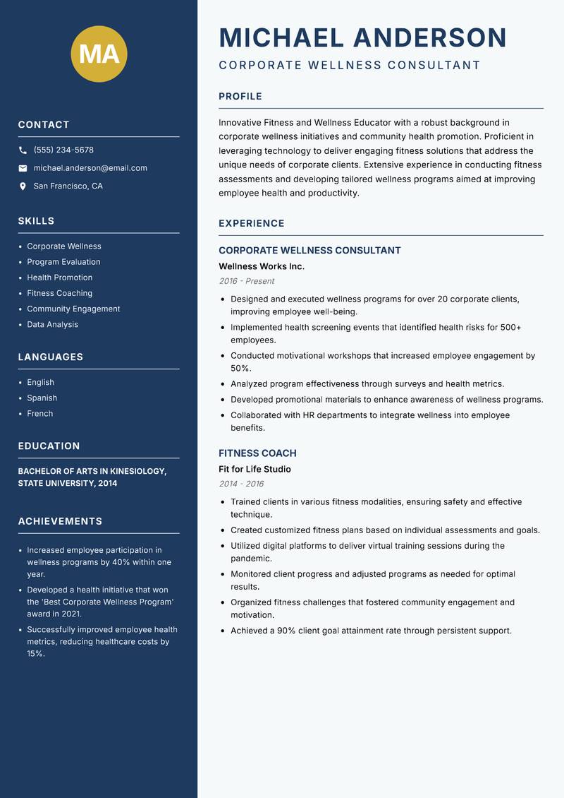 Fitness and Wellness Educator resume sample — Corporate Wellness Consultant focus