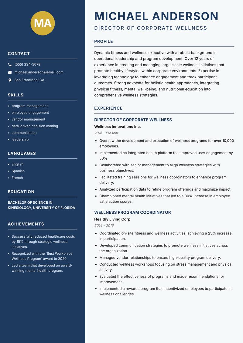Fitness and Wellness Executive resume sample — Director of Corporate Wellness focus