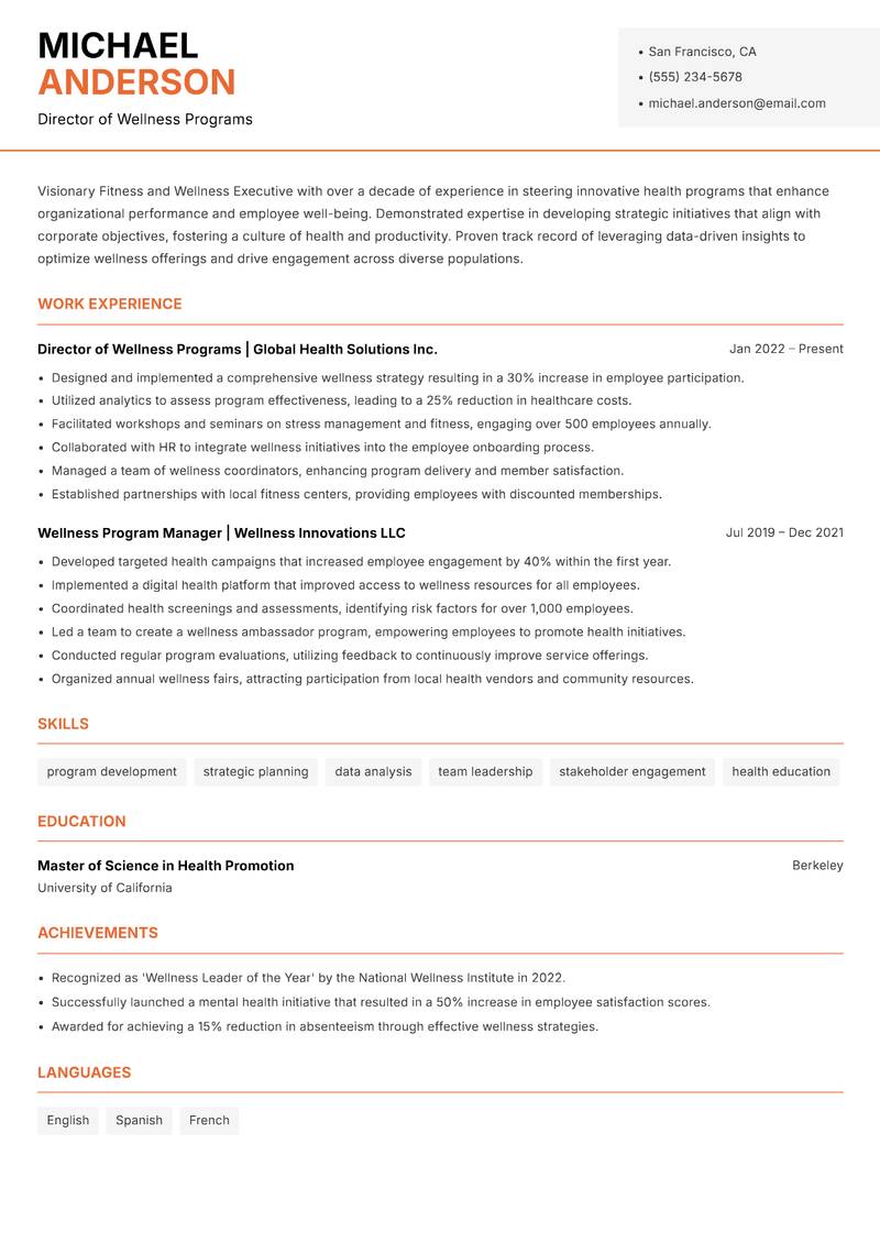Fitness and Wellness Executive resume sample — Director of Wellness Programs focus