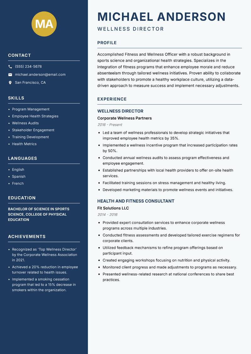 Fitness and Wellness Officer resume sample — Wellness Director focus