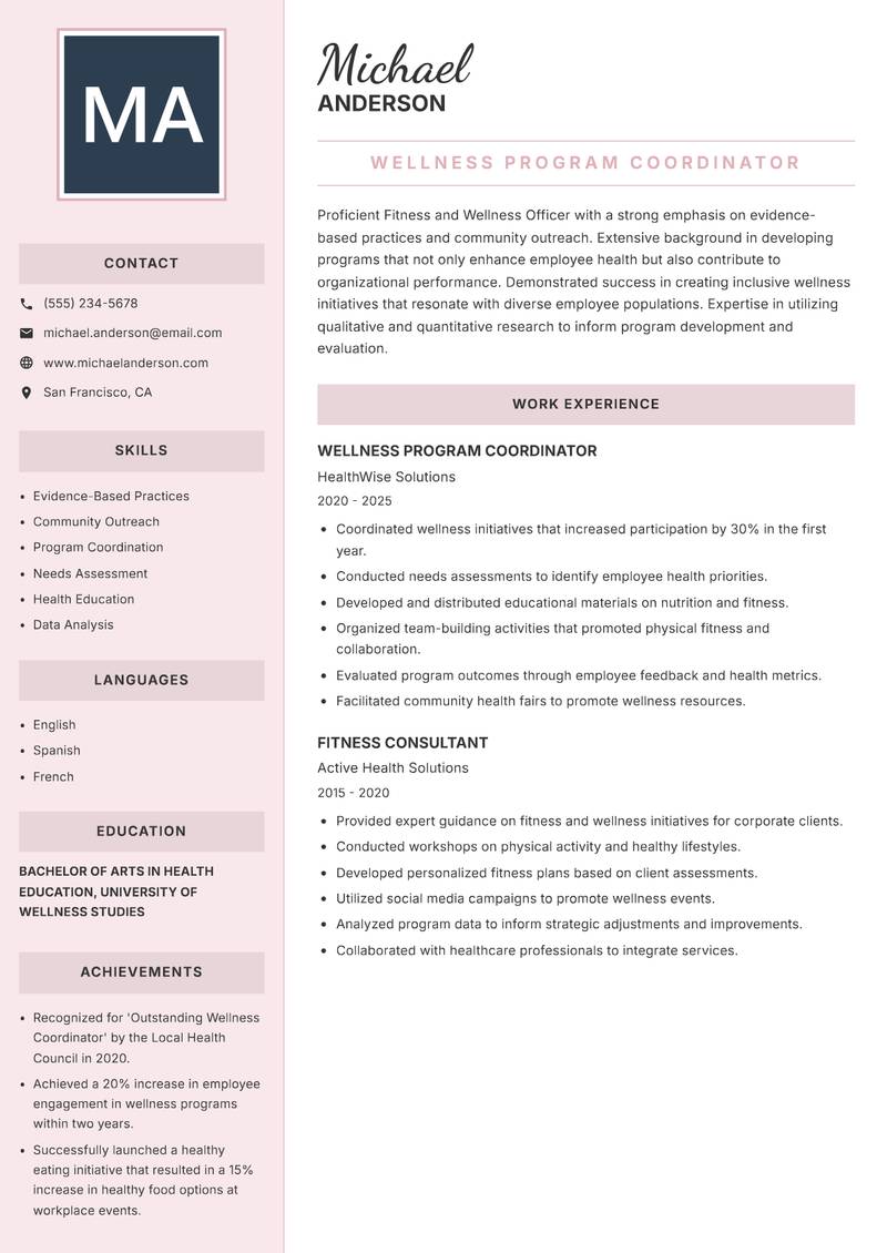 Fitness and Wellness Officer resume sample — Wellness Program Coordinator focus