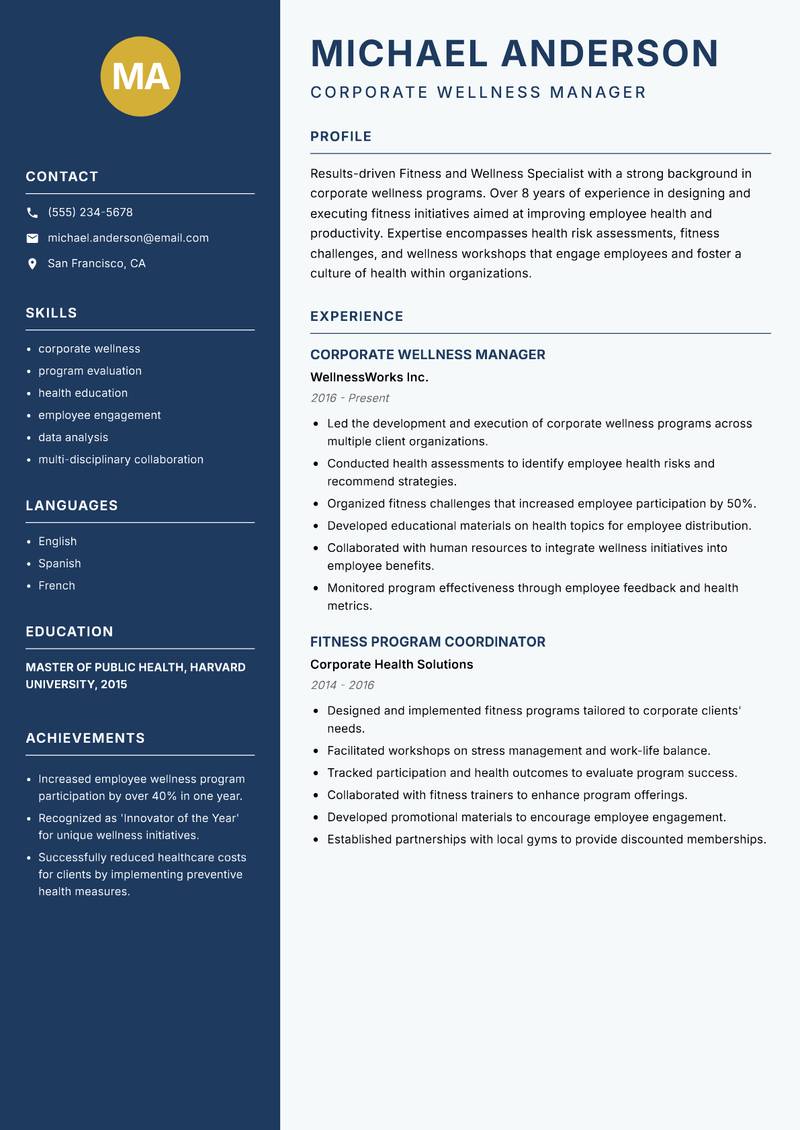 Fitness and Wellness Specialist resume sample — Corporate Wellness Manager focus