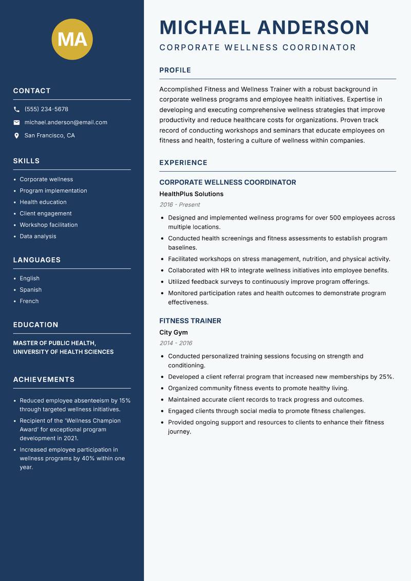 Fitness and Wellness Trainer resume sample — Corporate Wellness Coordinator focus