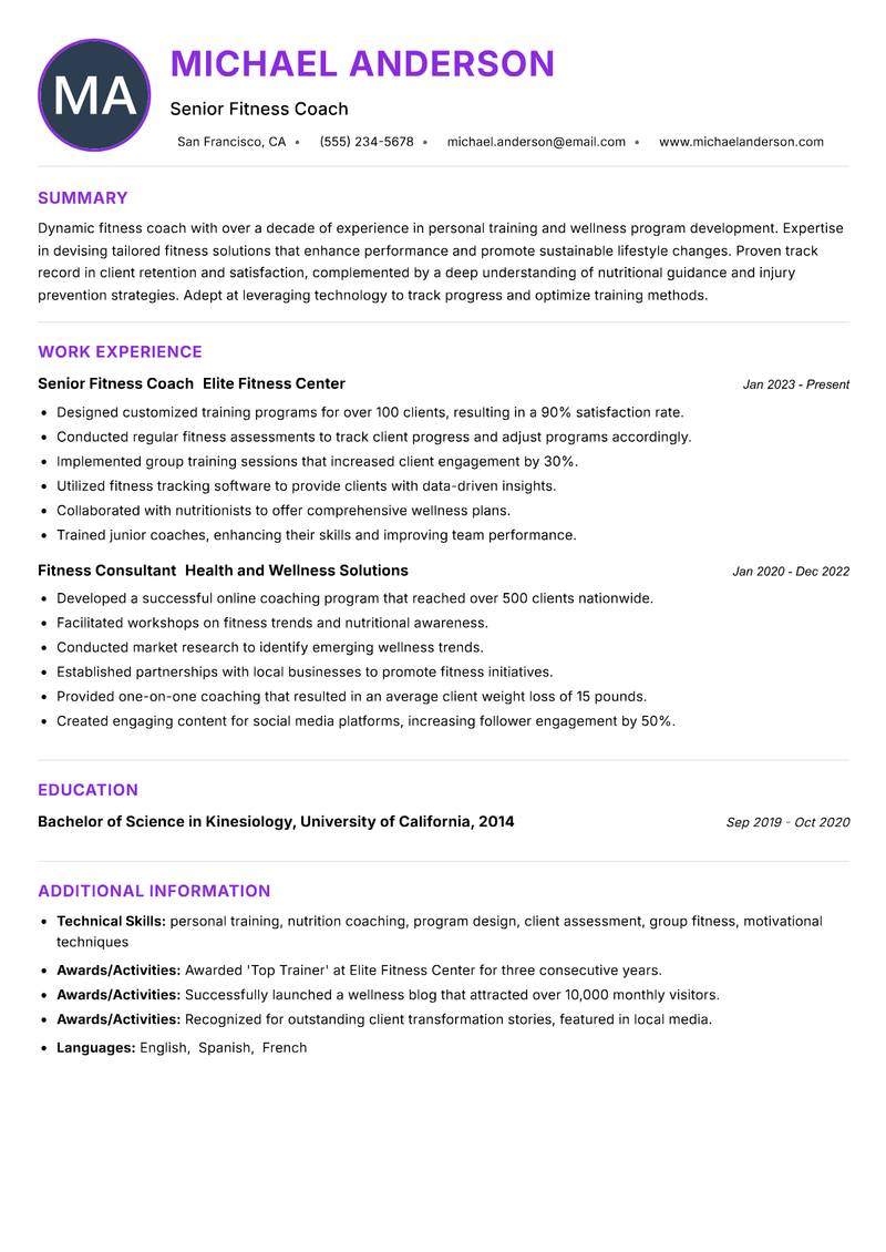 Fitness Coach resume example