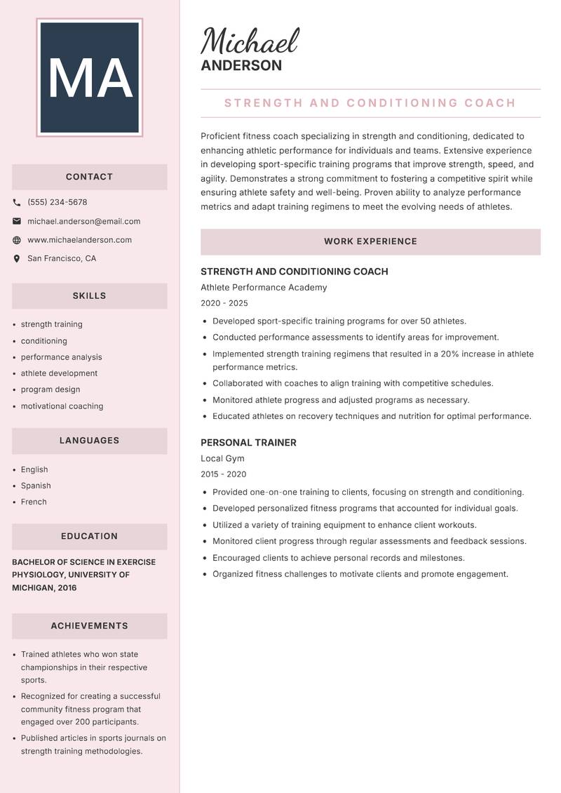 Fitness Coach resume sample — Strength and Conditioning Coach focus