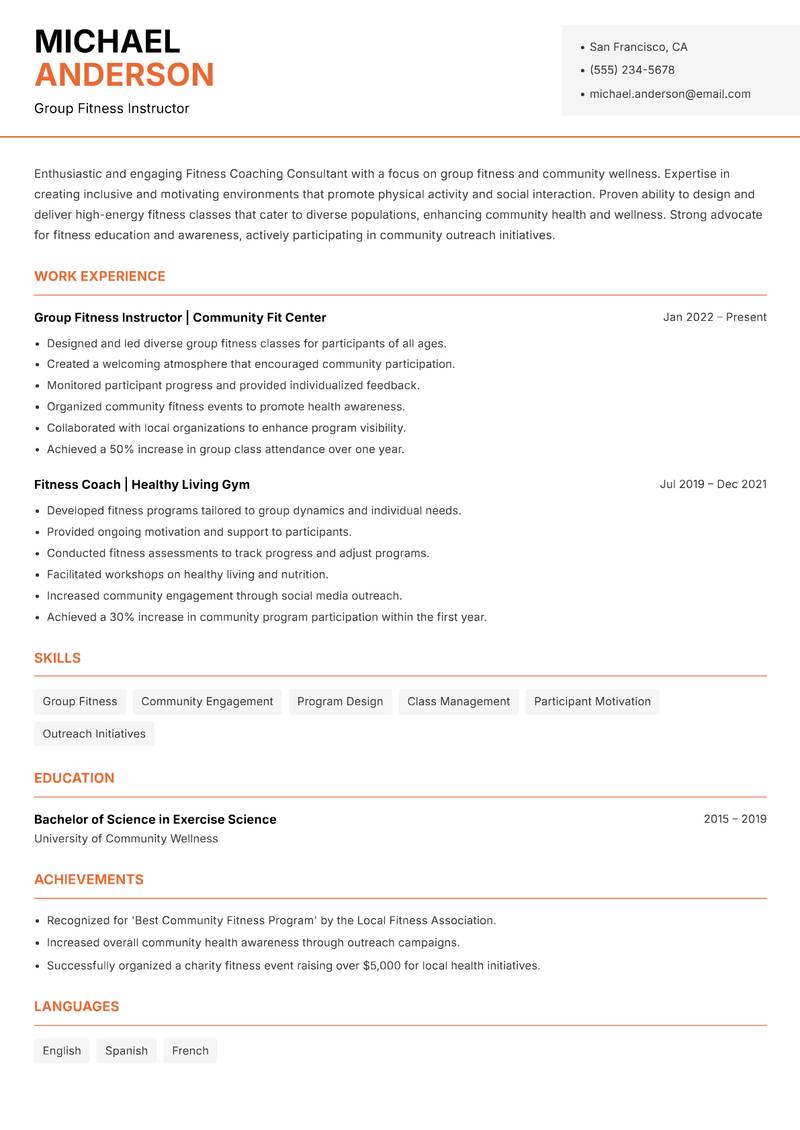 Fitness Coaching Consultant resume sample — Group Fitness Instructor focus