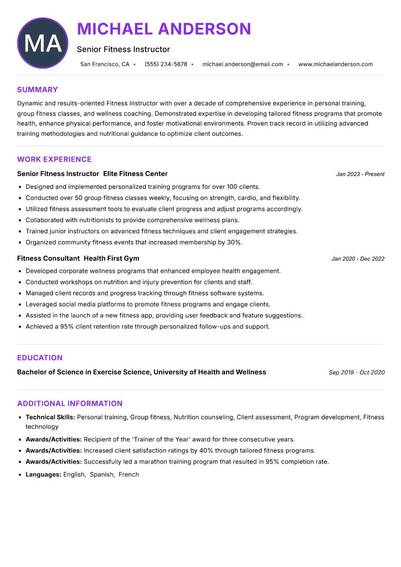 Fitness Instructor resume example