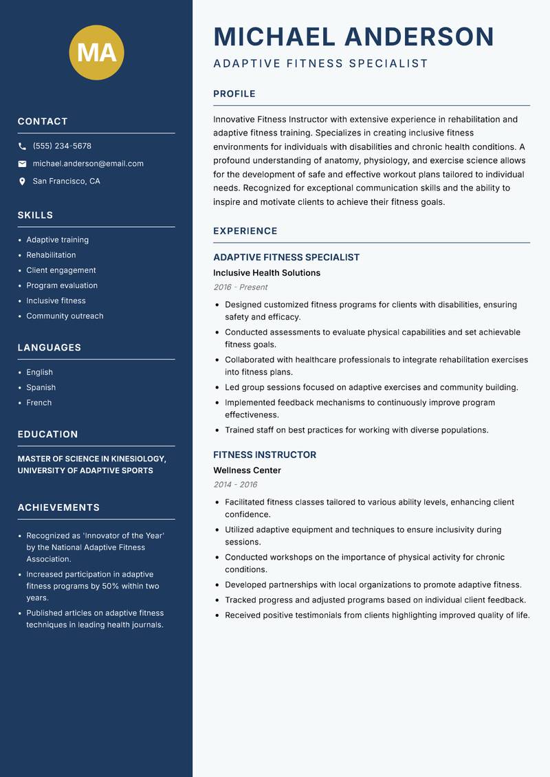 Fitness Instructor resume sample — Adaptive Fitness Specialist focus