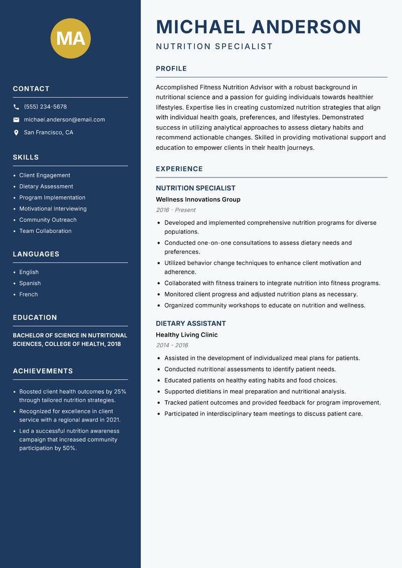 Fitness Nutrition Advisor resume sample — Nutrition Specialist focus