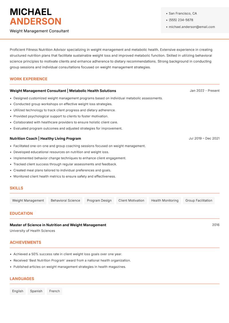 Fitness Nutrition Advisor resume sample — Weight Management Consultant focus